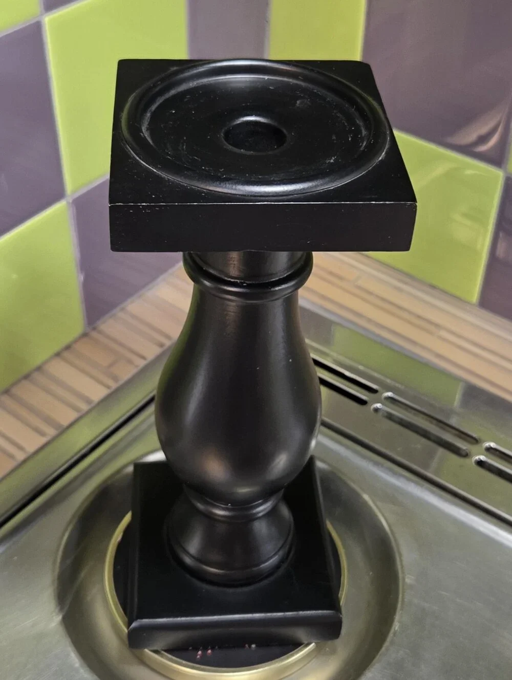 Classic Simple 11 Inch Black Wood Candlestick Holder With Pink Candle